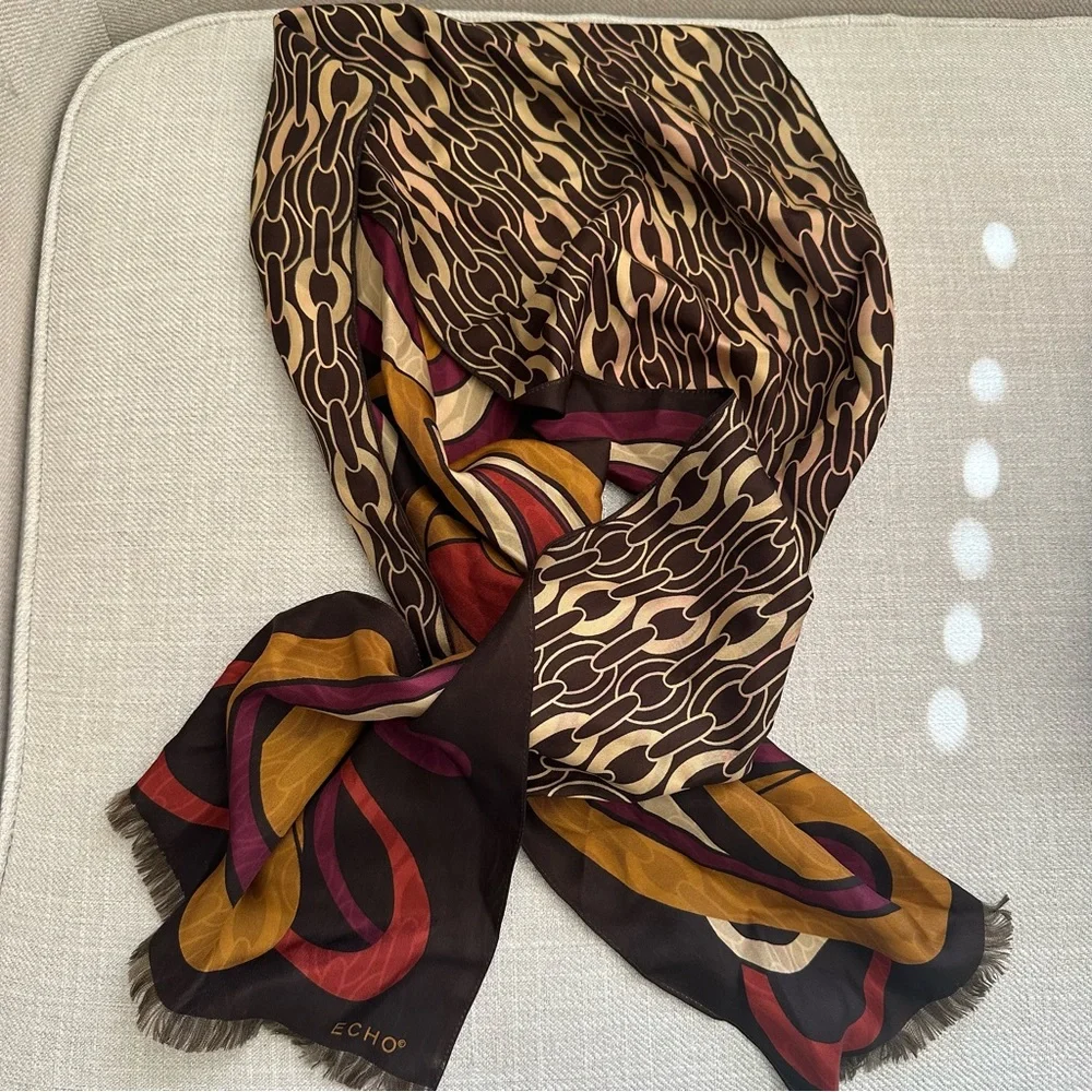 Echo Brown, Mustard & Red Chain-Print 100% Silk Scarf